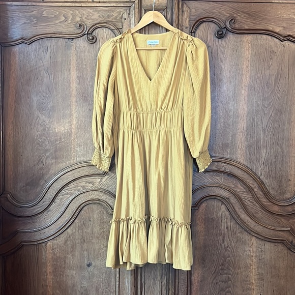 Calvin Klein V Neck Dress Midi Ochre Peasant Women's size 8 - Picture 3 of 12